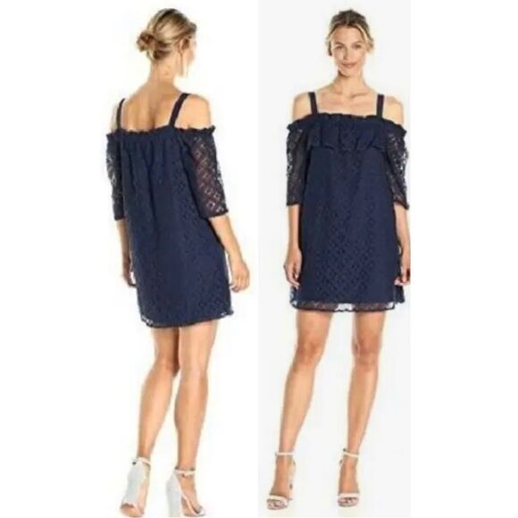 Bcbgeneration navy blue lace off shoulder mini dress Sz S - Picture 1 of 14